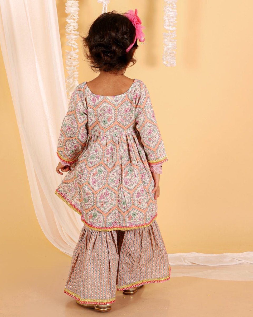 Pastel Peach Girls Anarkali Kurta Sharara Set - KES-SC-PPG-0-6