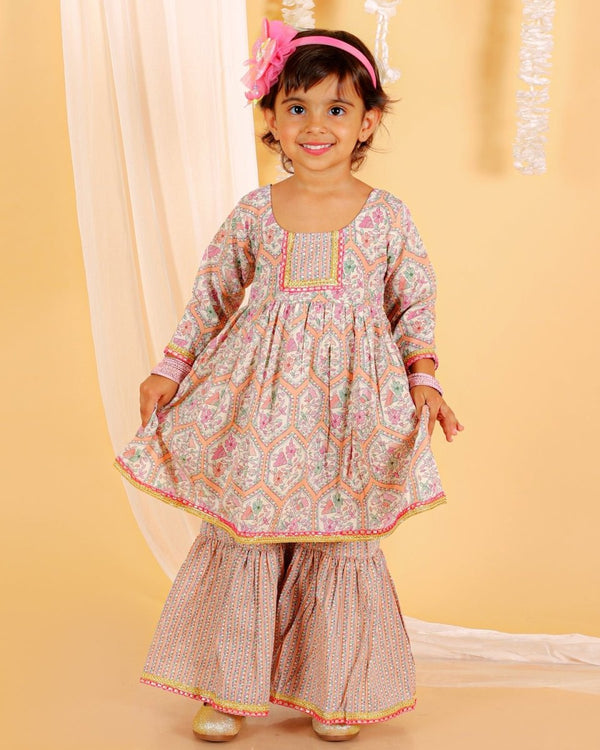 Pastel Peach Girls Anarkali Kurta Sharara Set - KES-SC-PPG-0-6