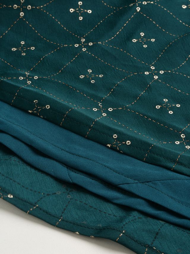 Bollywood Vogue Ready To Wear Teal Green Art Silk Foil Printed Maxi Dress
