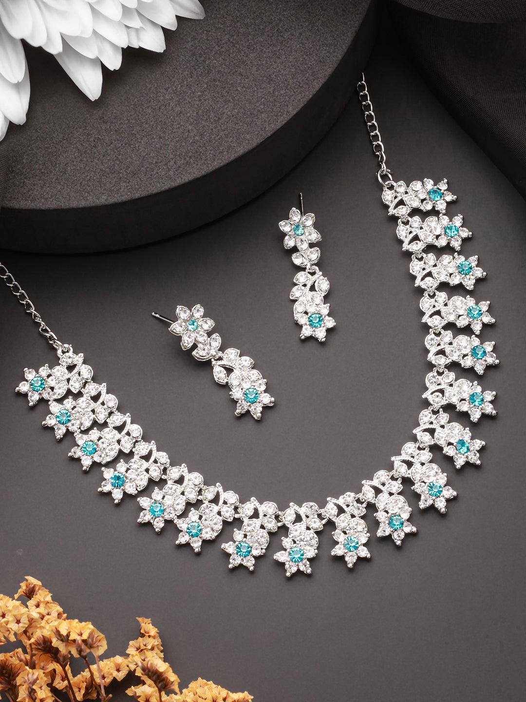 Silver-Plated Blue Cz Studded Jewelry Set