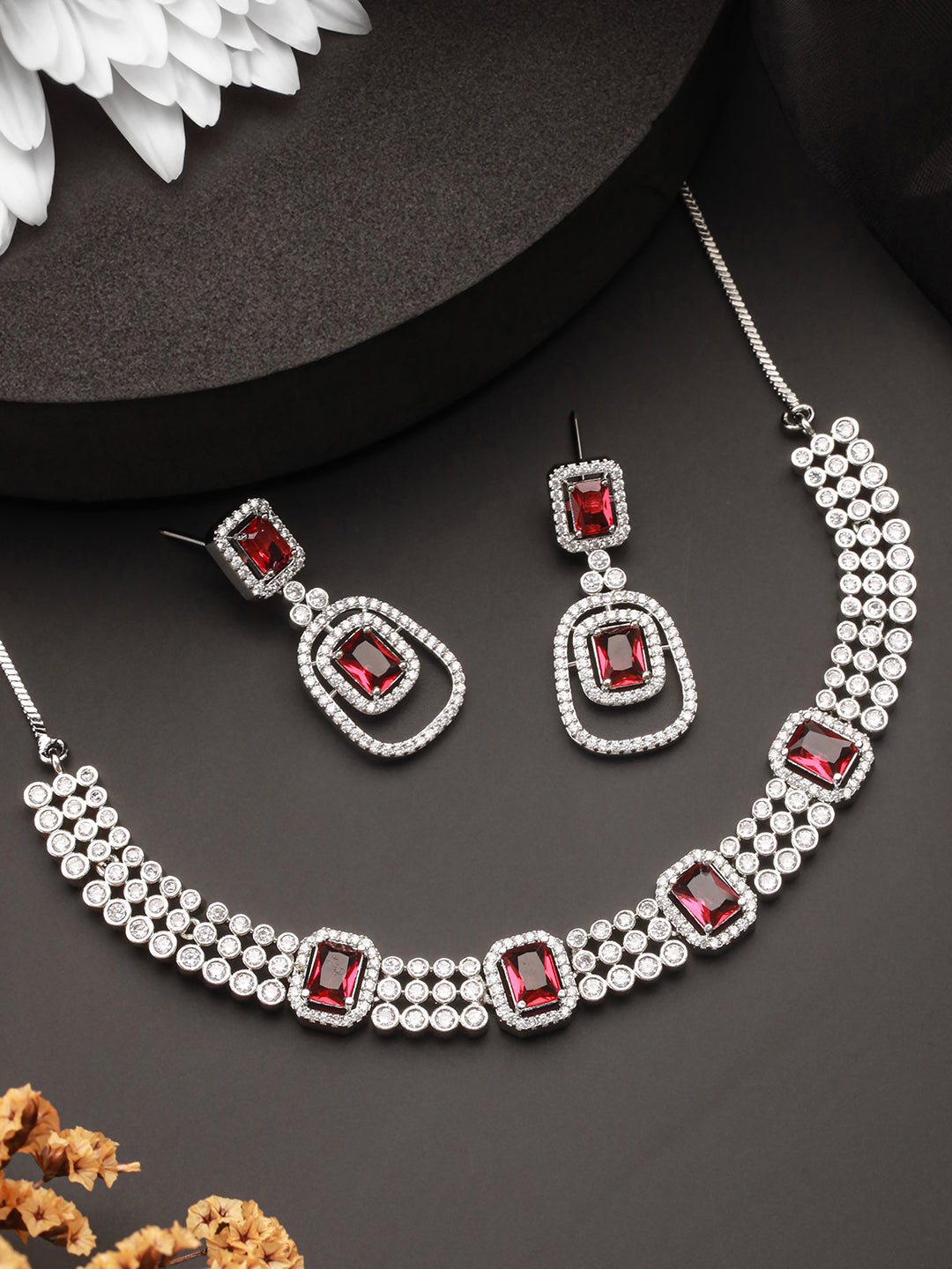 Jazz And Sizzle Silver Plated Red American Diamond Studded Handcrafted Jewelry Set