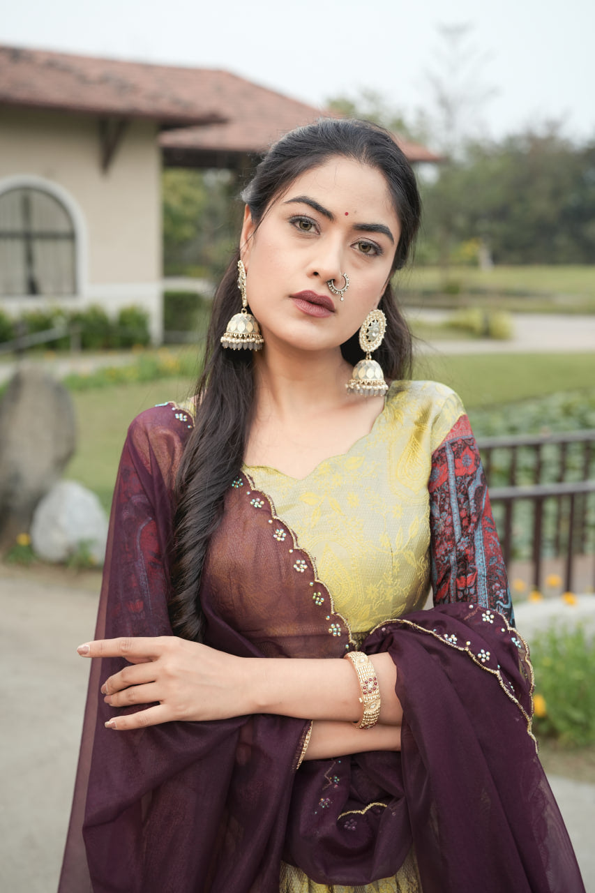 Cream Color Woven Design Lehenga Choli With Dupatta