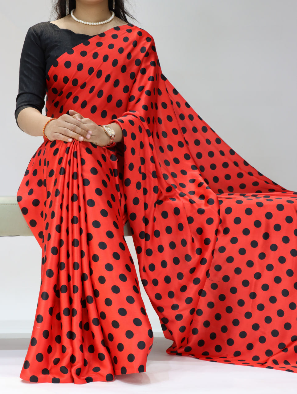 Pure Japan Satin Sarees in Polka Dot prints With Plain Blouse