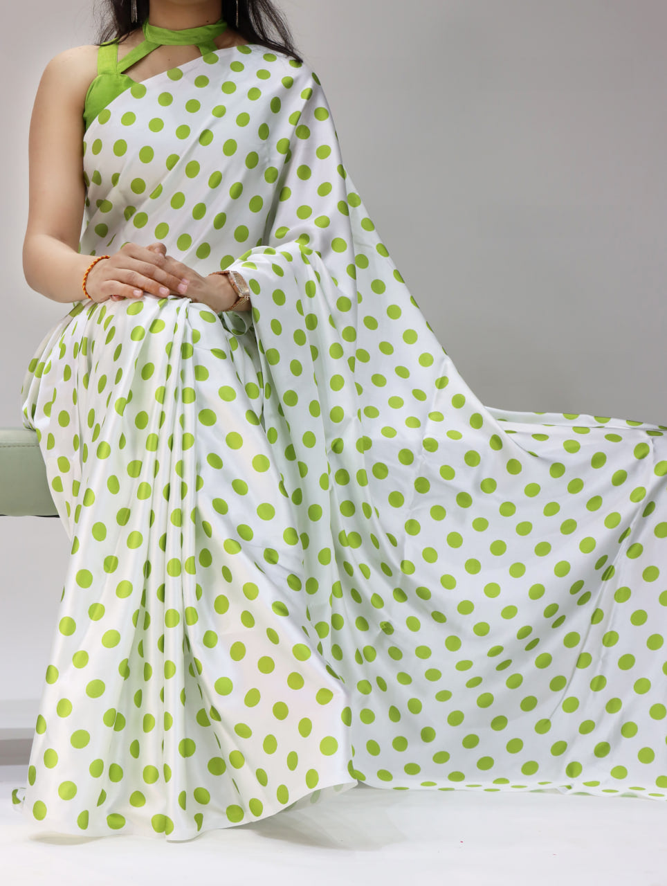 Pure Japan Satin Sarees in Polka Dot prints With Plain Blouse
