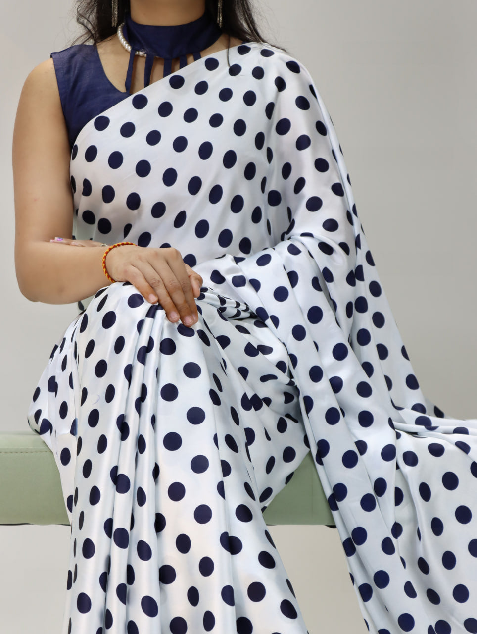 Pure Japan Satin Sarees in Polka Dot prints With Plain Blouse