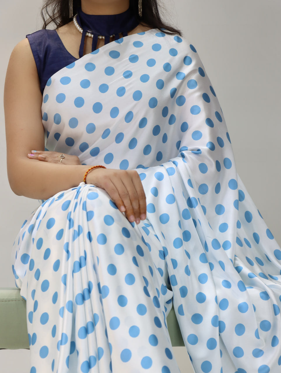 Pure Japan Satin Sarees in Polka Dot prints With Plain Blouse
