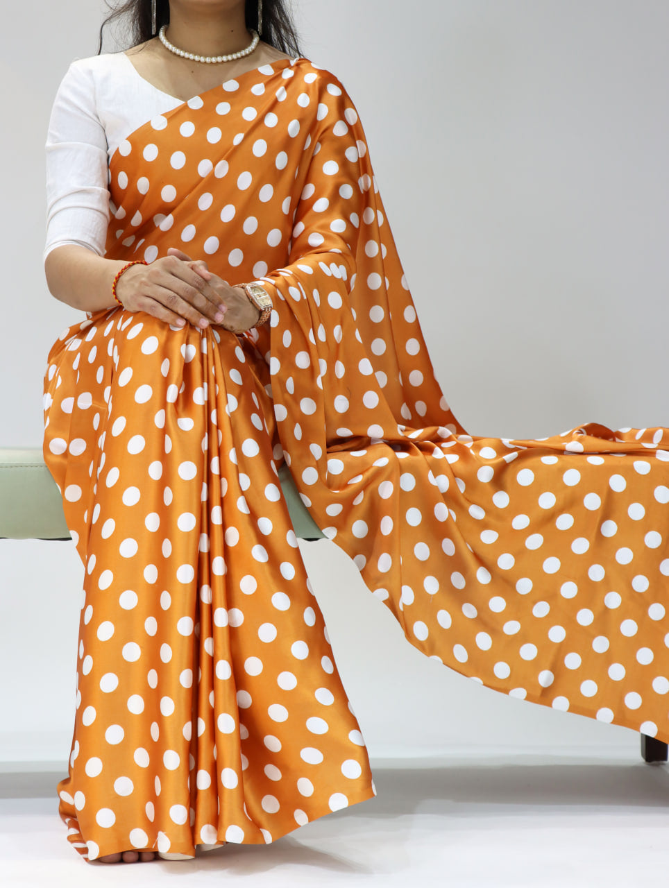 Pure Japan Satin Sarees in Polka Dot prints With Plain Blouse