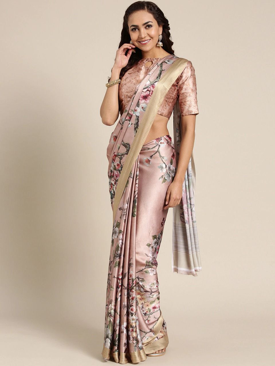 Design of Japan Satin Saree With Printed Blouse Piece