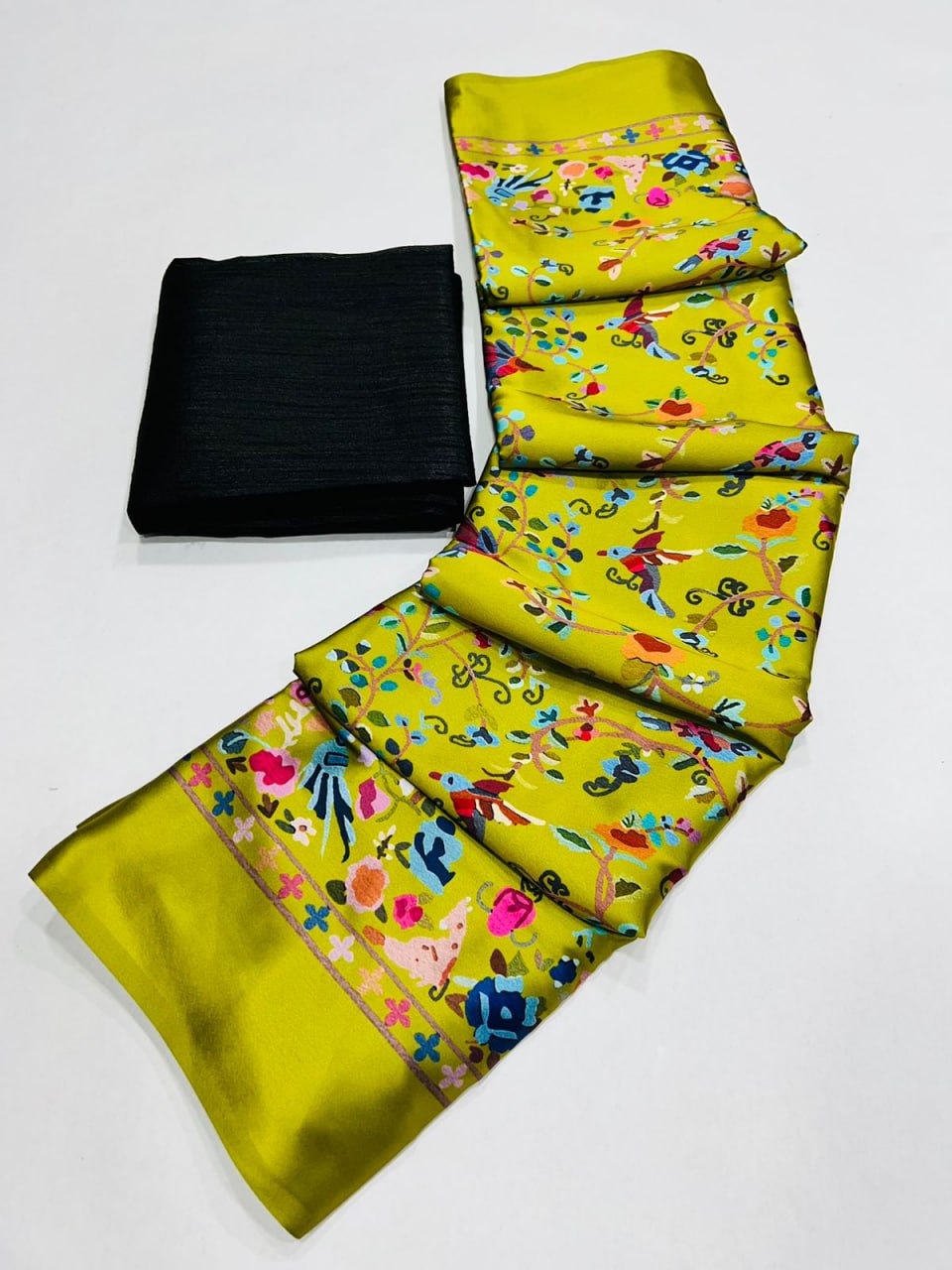 Floral and Birds Designs Heavy Satin Sarees With Plain Blouse