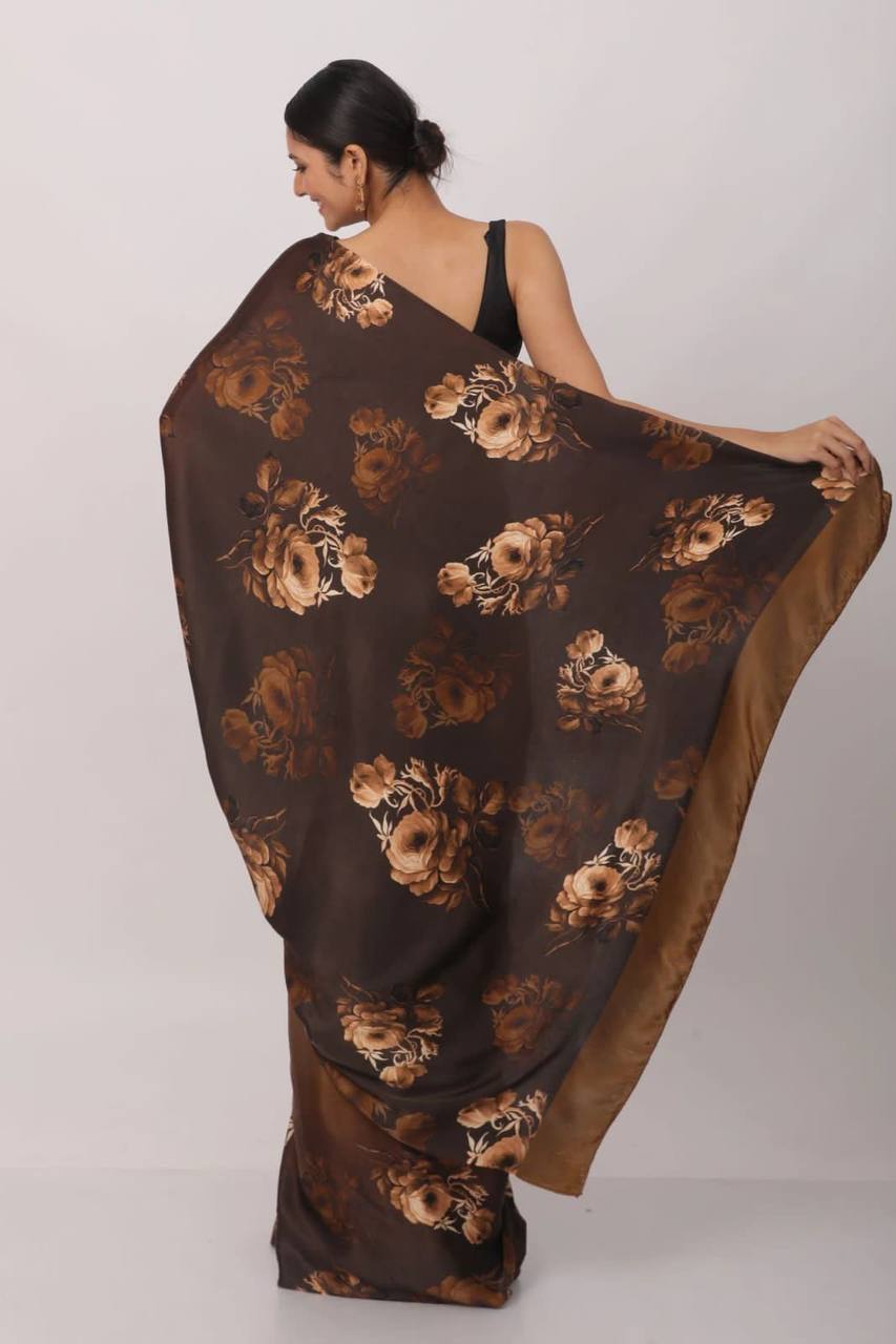 Floral Printed Heavy Satin Sarees With Plain Blouse