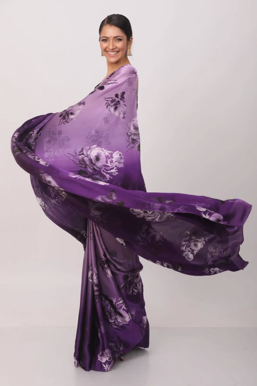 Floral Printed Heavy Satin Sarees With Plain Blouse