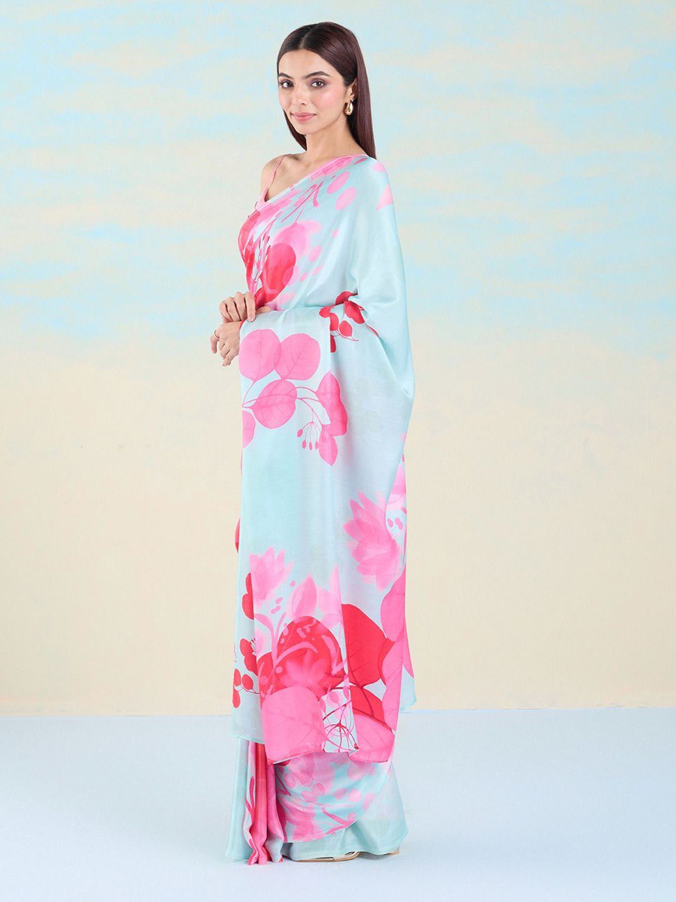 Floral Printed Heavy Satin Sarees With Plain Blouse