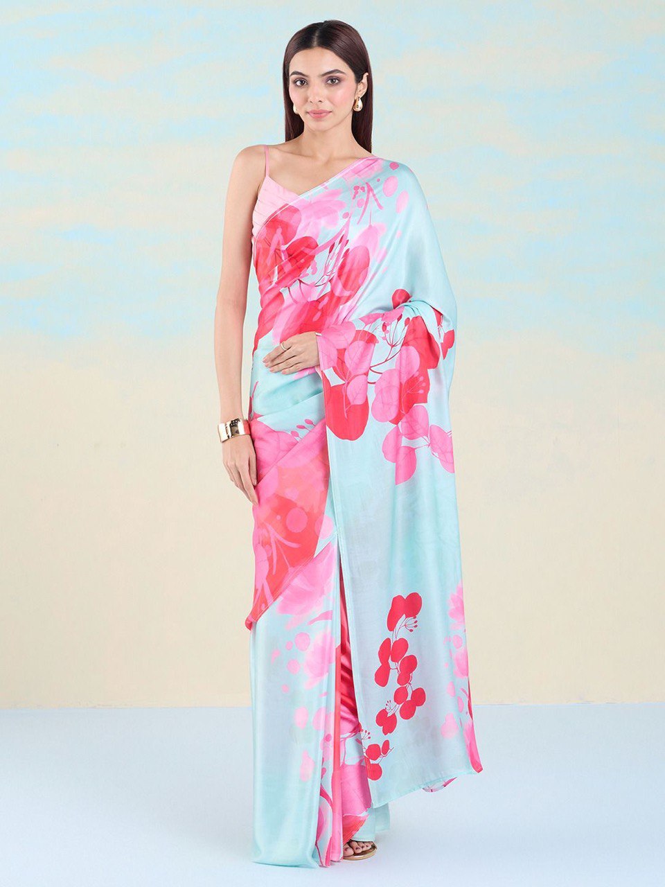 Floral Printed Heavy Satin Sarees With Plain Blouse