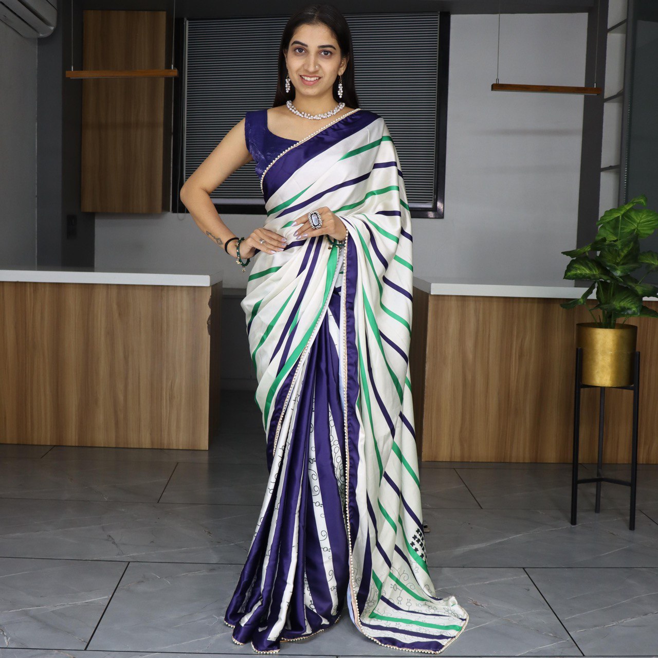 Pure Japan Satin Sarees With Pearl Lace Border