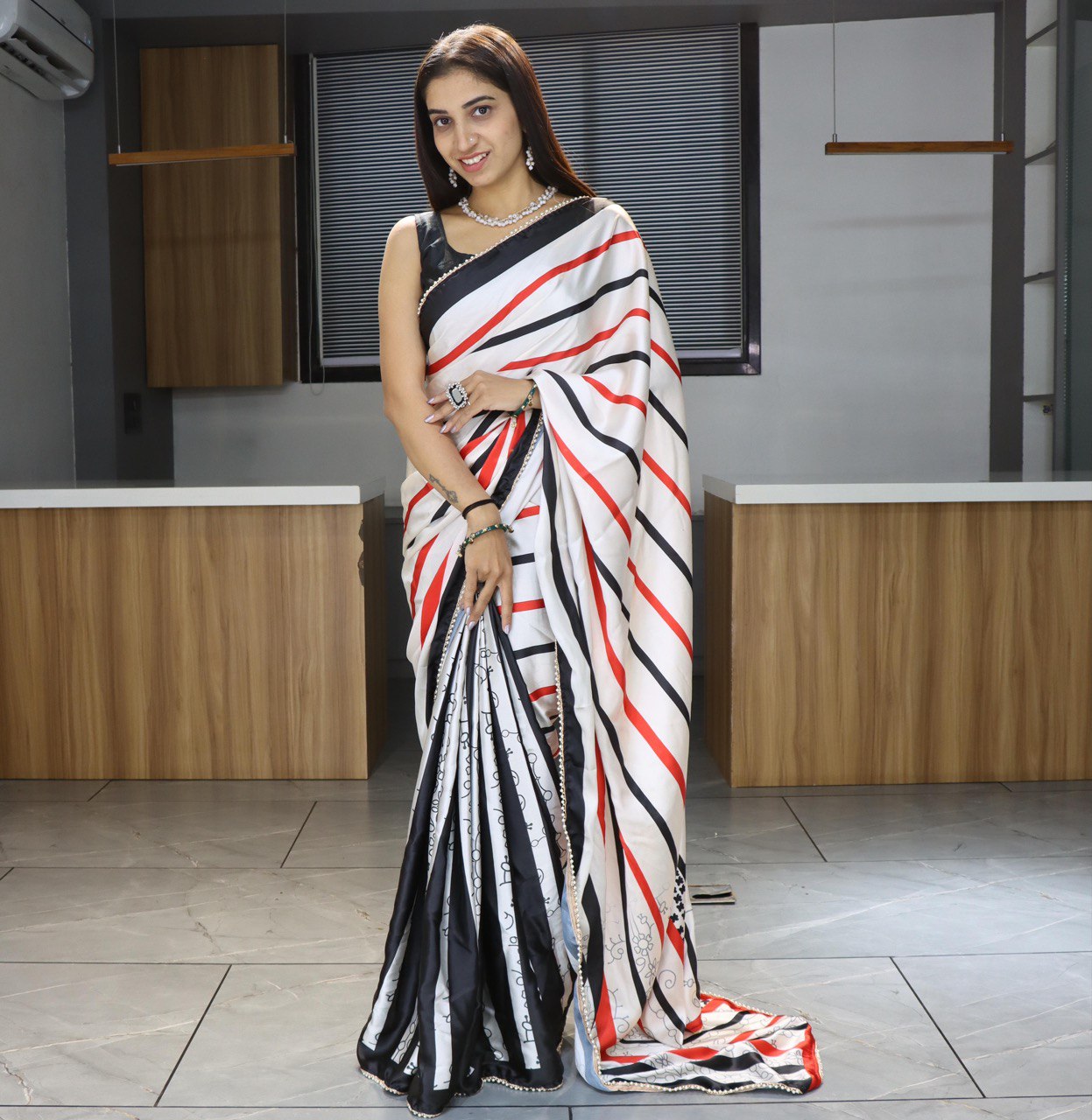 Pure Japan Satin Sarees With Pearl Lace Border