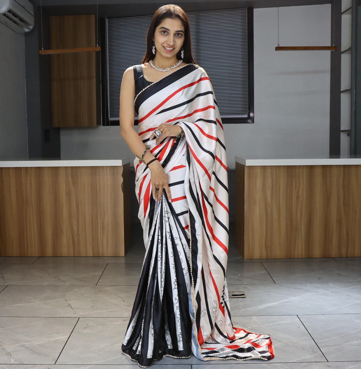 Pure Japan Satin Sarees With Pearl Lace Border