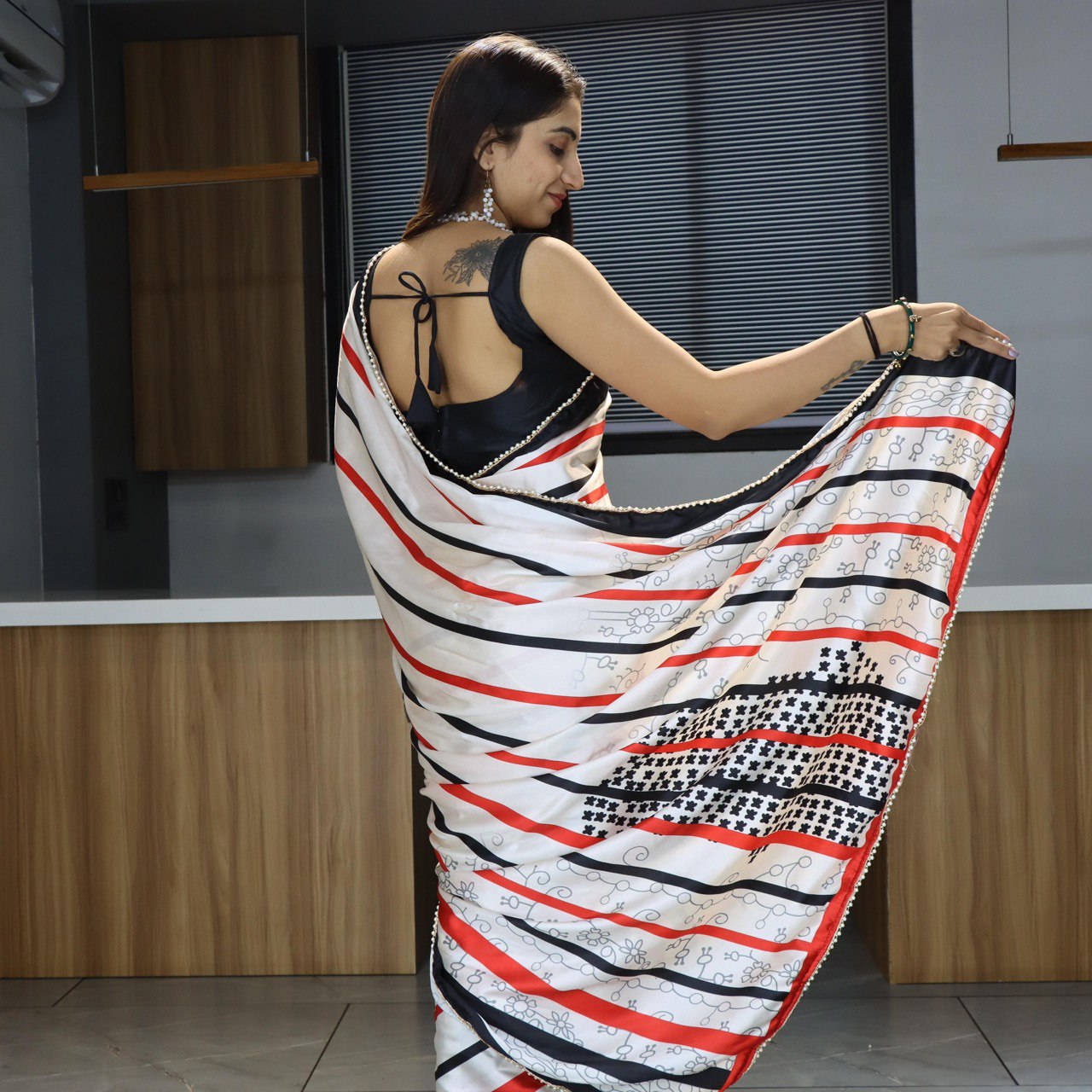 Pure Japan Satin Sarees With Pearl Lace Border