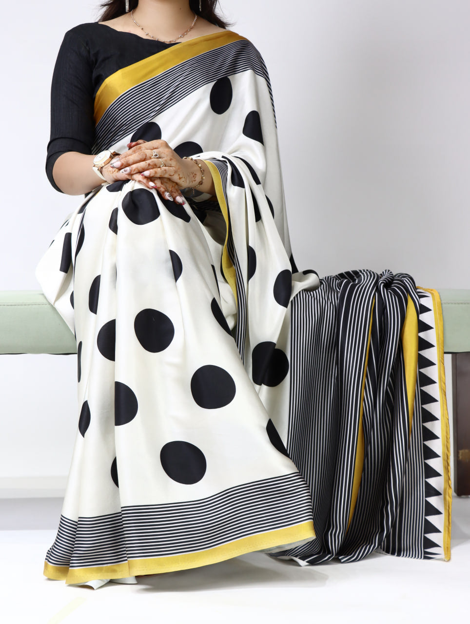 Polka Dot Premium Satin Sarees With Plain Blouse