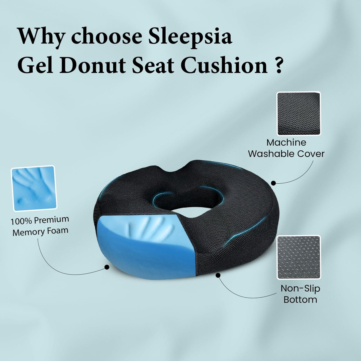 Sleepsia Donut Pillow for Tailbone Pain | Coccyx Seat Cushion for Chair- Car Seat Cushion (Black,Grey Gel Memory Foam)