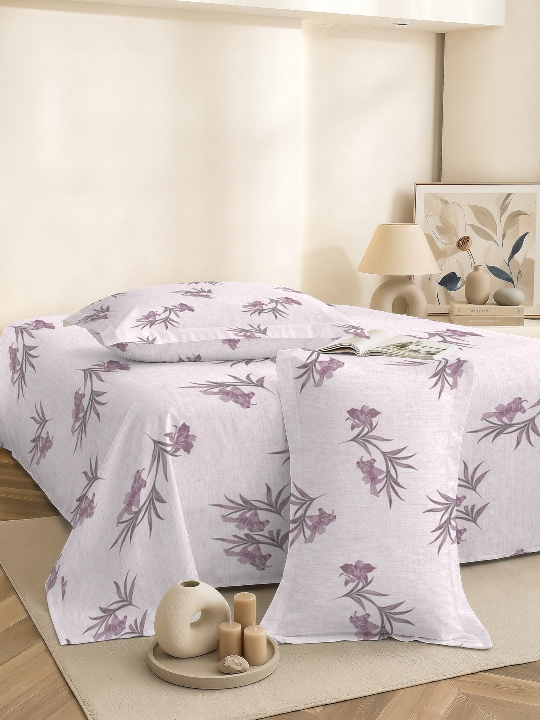Petal 100% Pure Cotton Collection Premium Percale Queen Bedsheet With 2 Pillow Covers