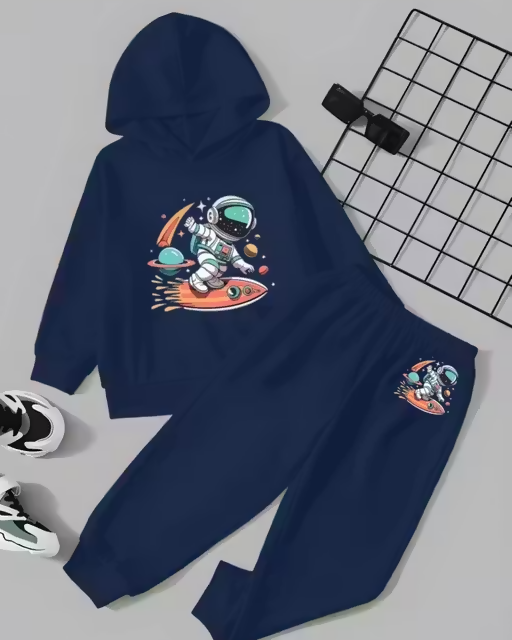 Kids Navy Blue Astronaut Print Hoodie & Jogger Set Luck Fashion