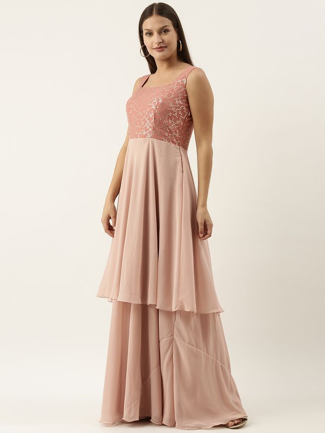 Bollywood Vogue Ready To Wear Pink Embroidered Georgette Layered Gown