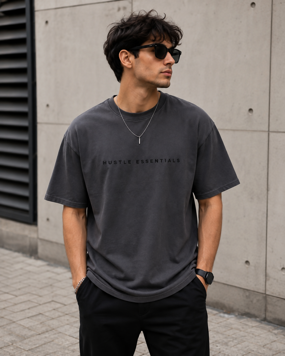 HUSTLE Essentials Men’s T-Shirt – Charcoal Grey | Relaxed Oversized Fit | Crew Neck | Short Sleeve