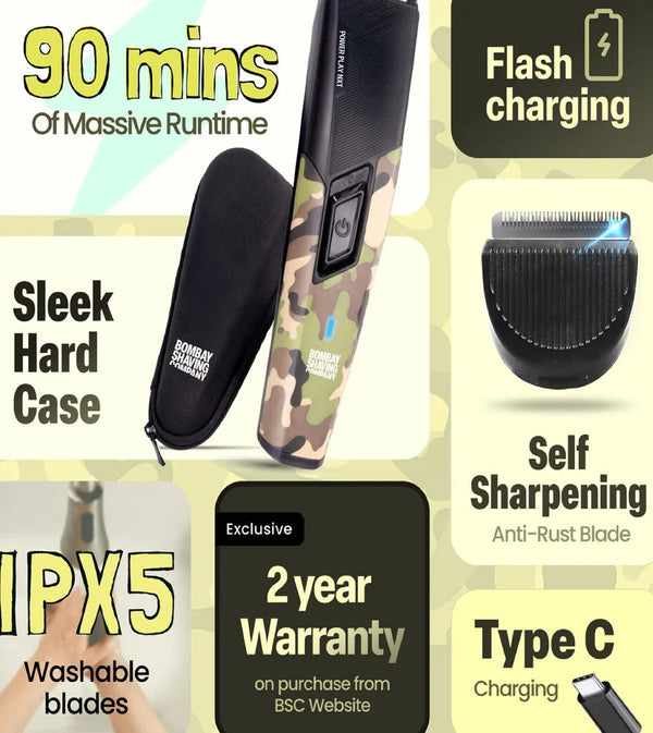 Bombay Shaving Company Power Play Nxt Combat Edition Beard Trimmer with Hard Travel Case,  90 Min Runtime, Type-C Charging boAt and Portronics