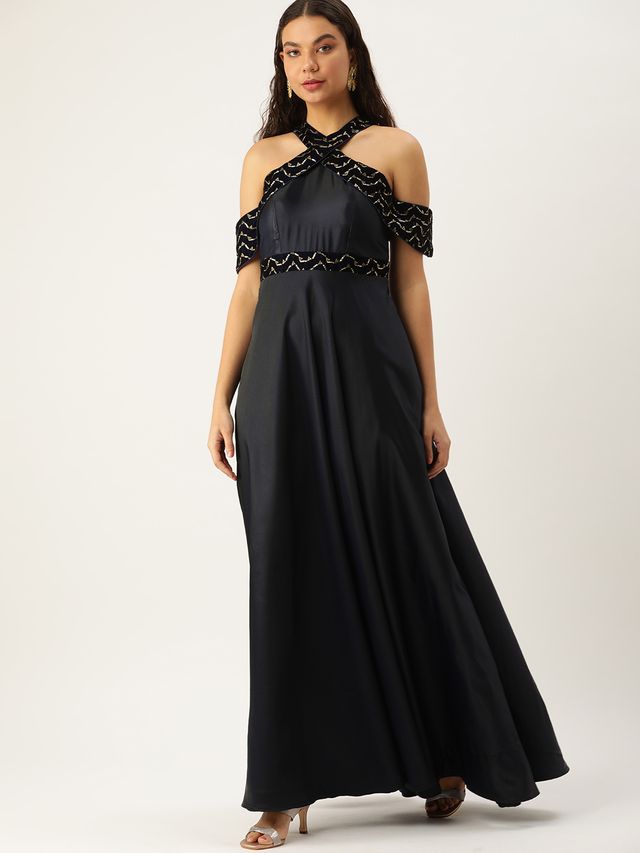 Bollywood Vogue Ready To Wear Navy Blue Velvet Embroidered Off Shoulder Dress