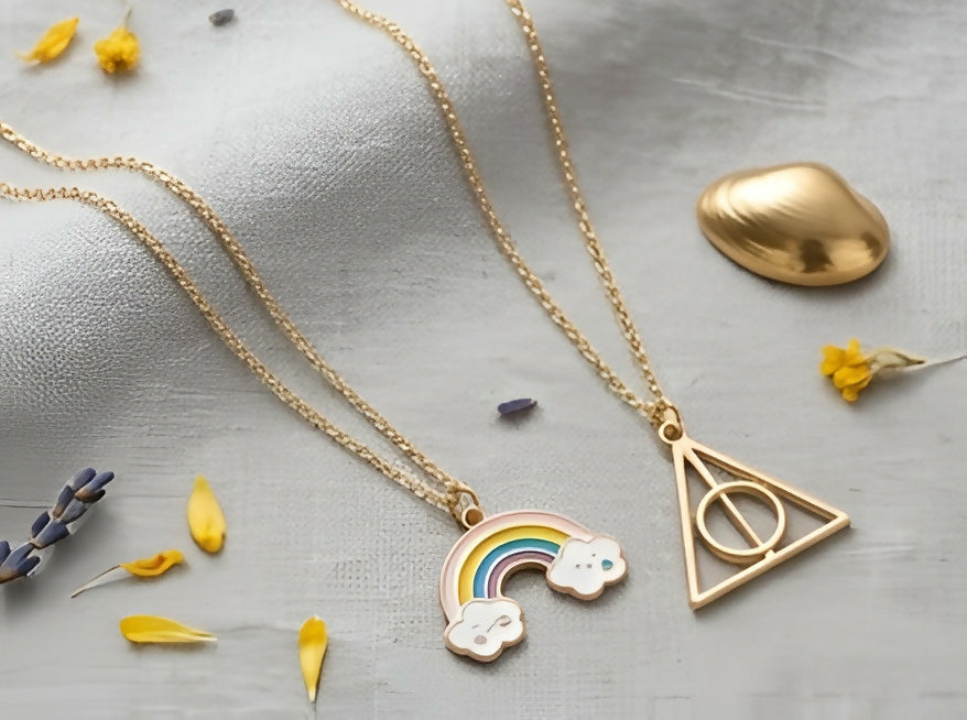 Rainbow Pendant & Geometric Triangle Necklace Set (2 Pieces)