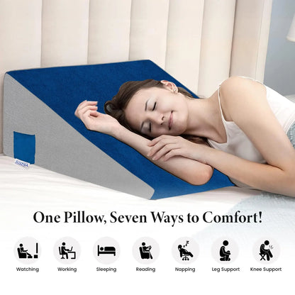 Sleepsia Wedge Pillow for Sleeping | Back Support Orthopedic Memory Foam Wedge Cushion | Back & Leg Support- Grey/Blue