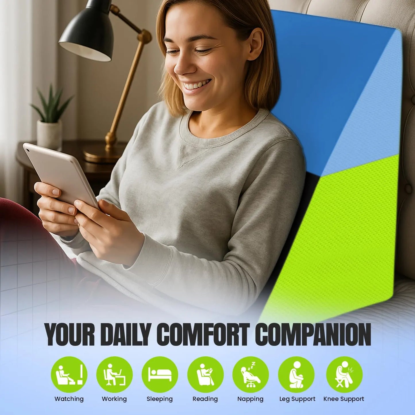 Sleepsia Wedge Pillow for Sleeping | Back Support Orthopedic Memory Foam Wedge Cushion | Back & Leg Support- Green/Black