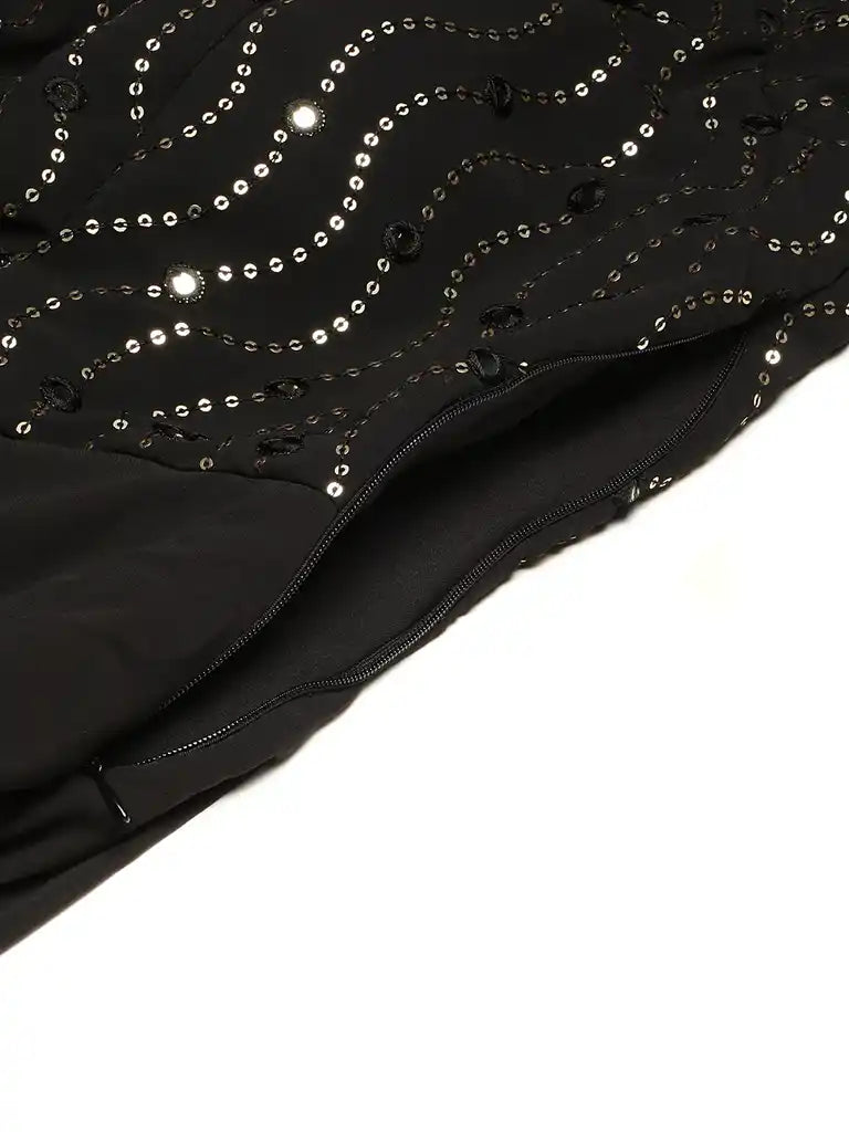 Bollywood Vogue Ready To Wear Black Bell Sleeves Embroidered Gown