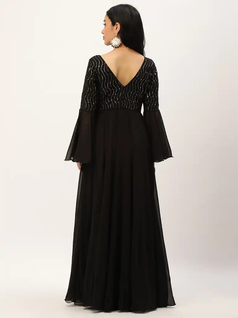 Bollywood Vogue Ready To Wear Black Bell Sleeves Embroidered Gown