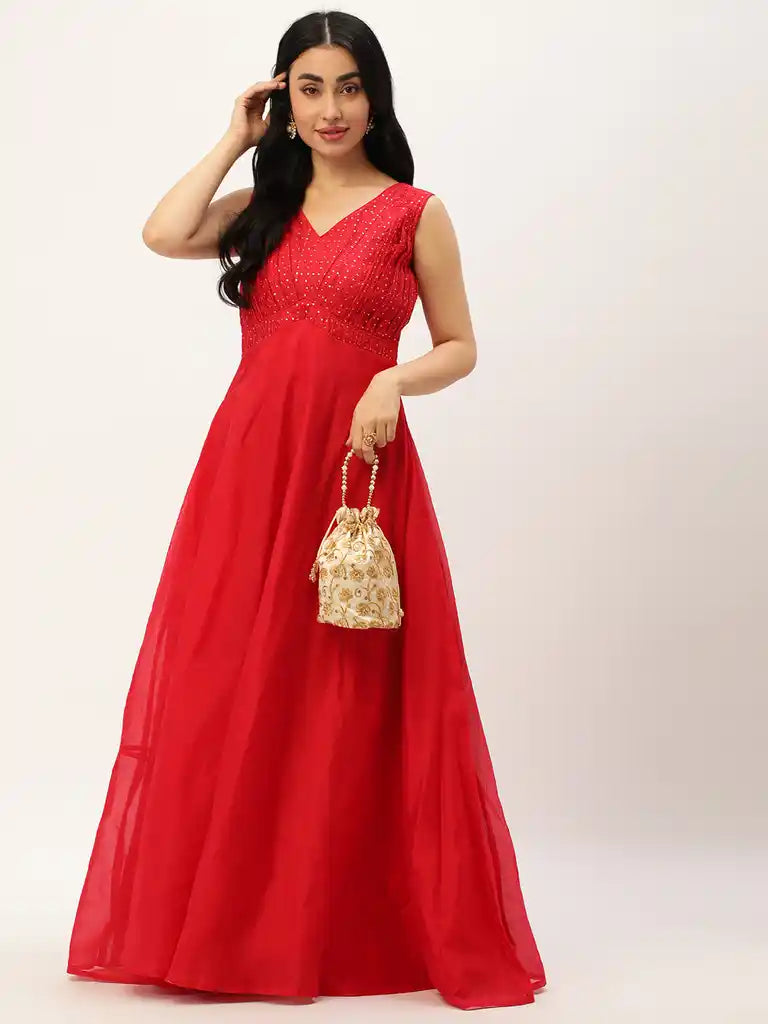 Bollywood Vogue Ready To Wear Red Cotton Sequins Embroidery Maxi Dress