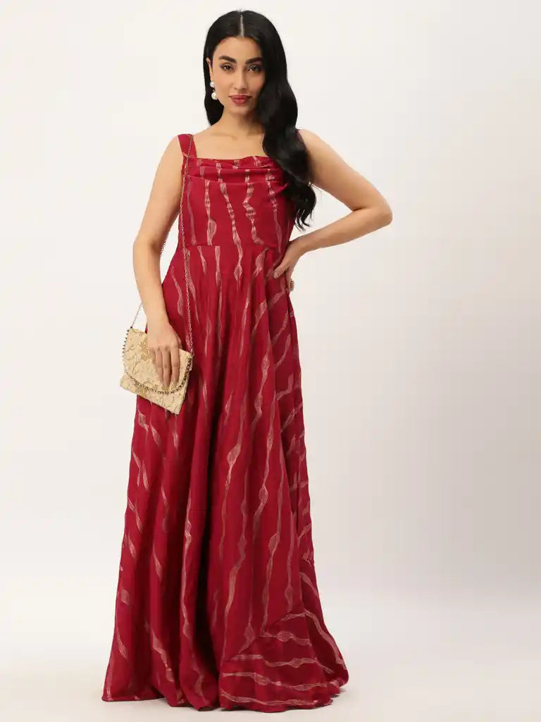 Bollywood Vogue Ready To Wear Wine Chinon Foil Printed Dress