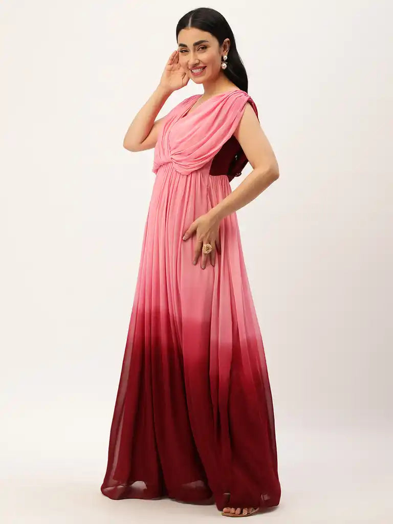 Bollywood Vogue Ready To Wear Maroon Georgette Tie N Dye Maxi Dress