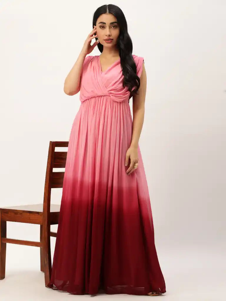 Bollywood Vogue Ready To Wear Maroon Georgette Tie N Dye Maxi Dress