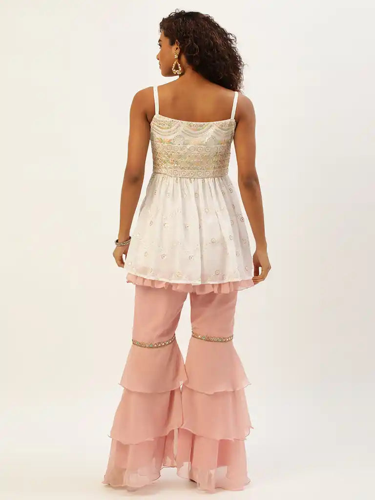 Bollywood Vogue Ready To Wear White N Pink Peplum Top Gharara Set