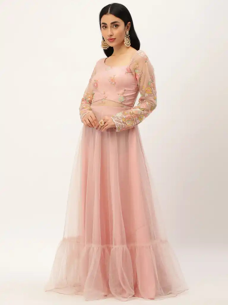 Bollywood Vogue Ready To Wear Light Pink Net Embroidered Gown