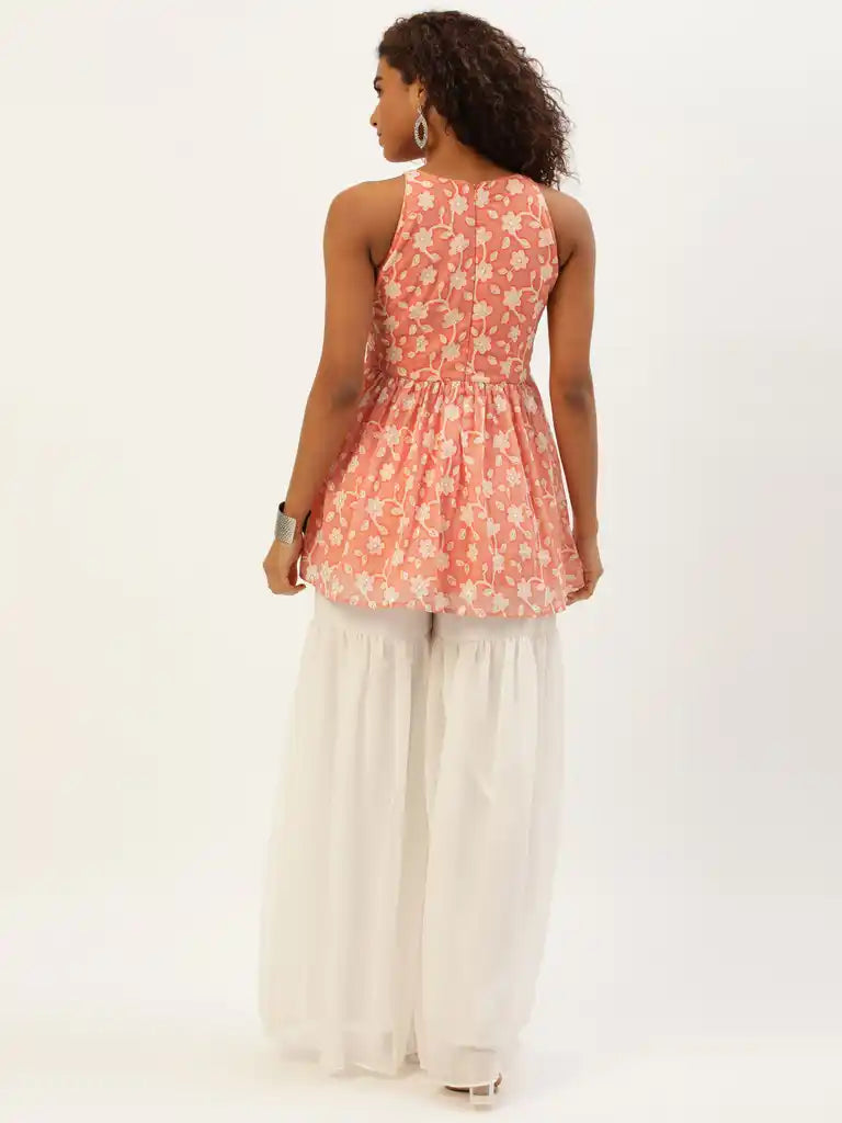 Bollywood Vogue Ready To Wear Peach Embroidered Georgette Gharara Suit