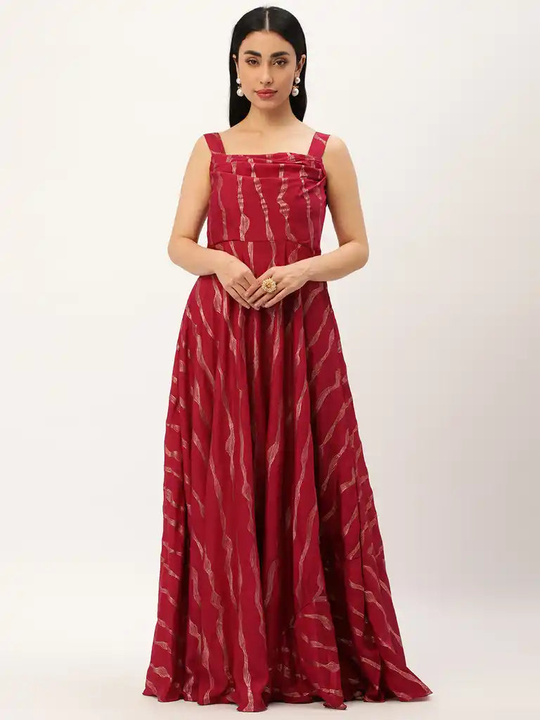 Bollywood Vogue Ready To Wear Wine Chinon Foil Printed Dress