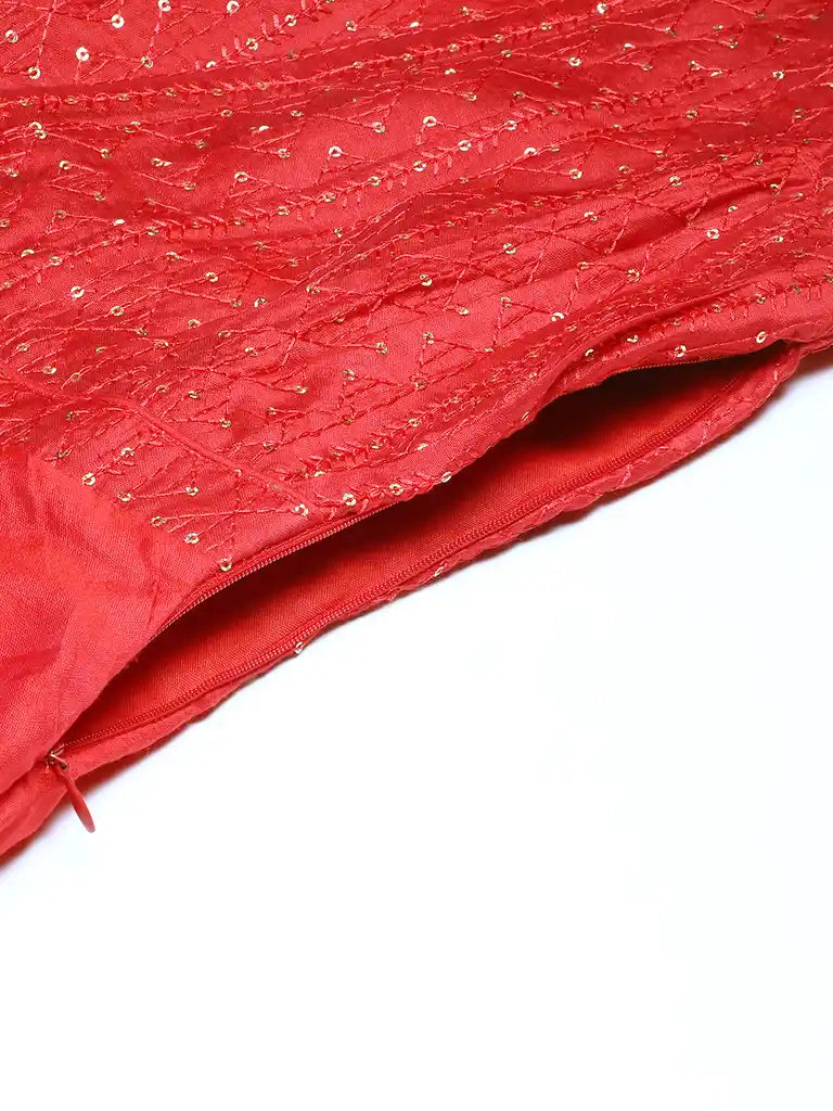 Bollywood Vogue Ready To Wear Red Cotton Sequins Embroidery Maxi Dress