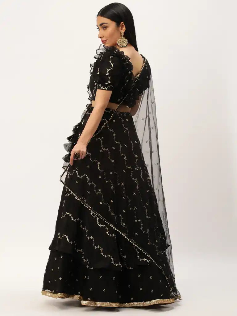 Bollywood Vogue Ready To Wear Black Viscose Embroidered Lehenga Set