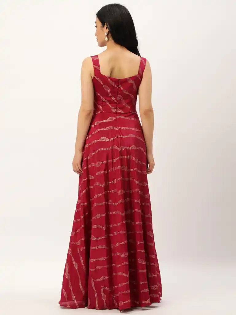 Bollywood Vogue Ready To Wear Wine Chinon Foil Printed Dress