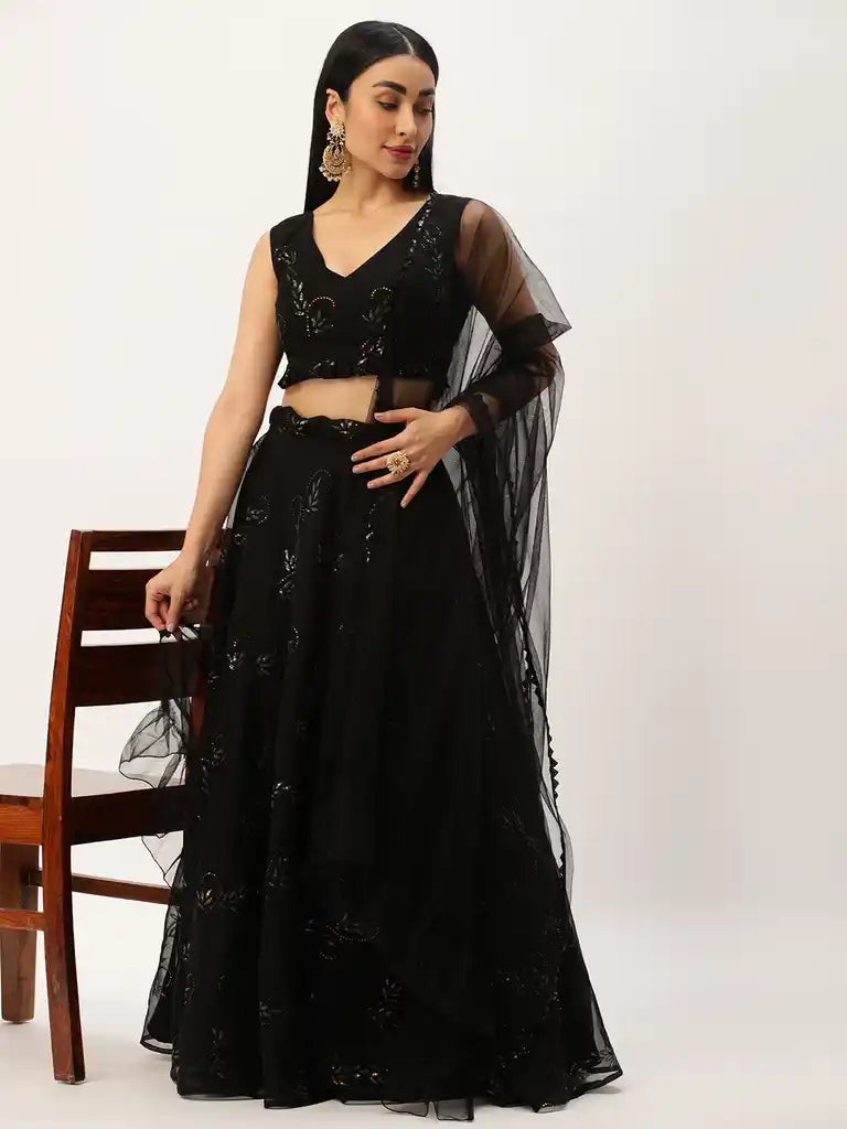 Bollywood Vogue Ready To Wear Black Embroidered Organza Lehenga Set