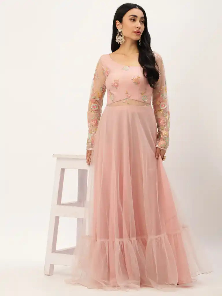 Bollywood Vogue Ready To Wear Light Pink Net Embroidered Gown
