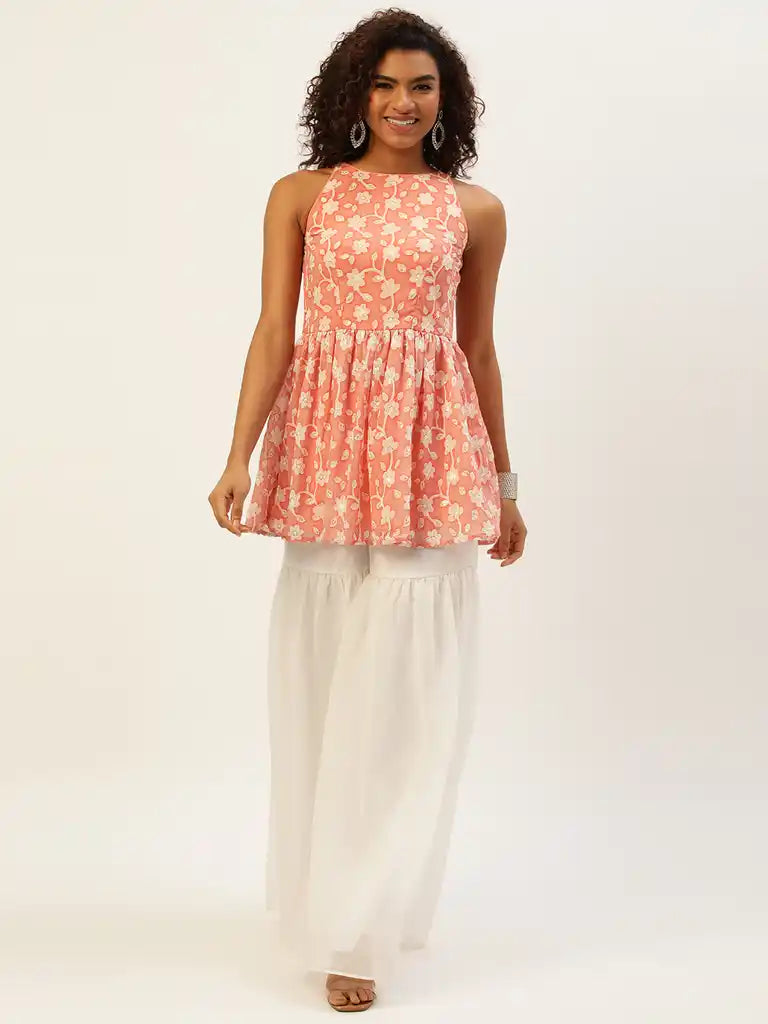 Bollywood Vogue Ready To Wear Peach Embroidered Georgette Gharara Suit