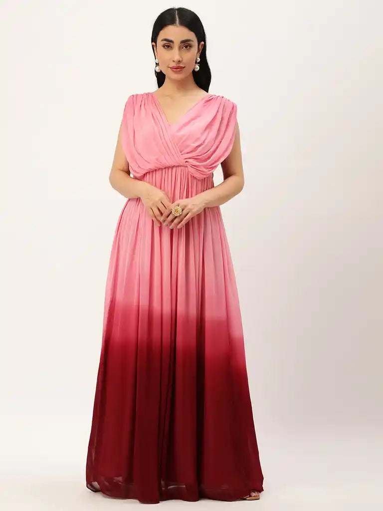 Bollywood Vogue Ready To Wear Maroon Georgette Tie N Dye Maxi Dress