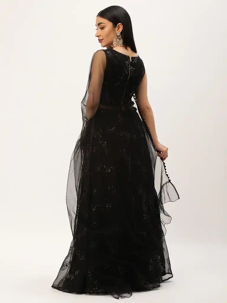 Bollywood Vogue Ready To Wear Black Embroidered Organza Lehenga Set